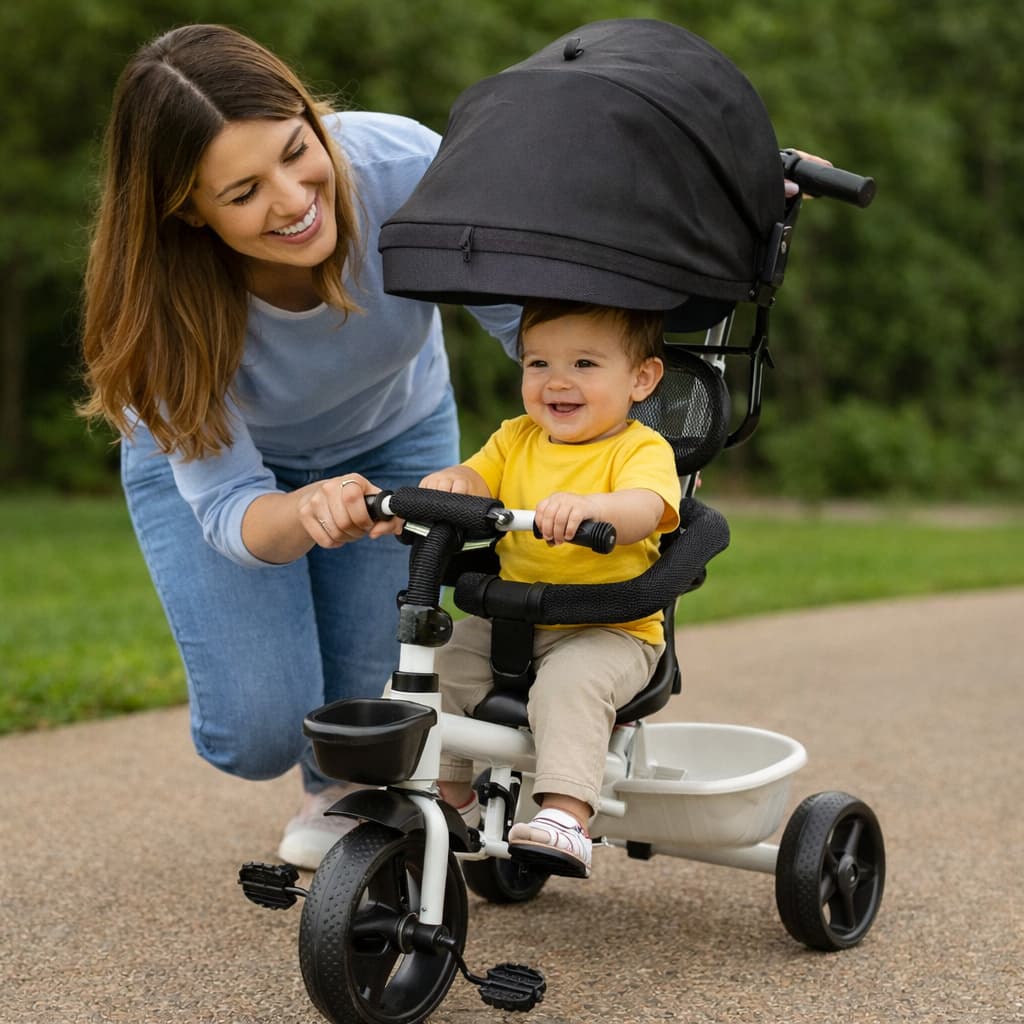 Triciclo Infantil Empurrador Conforto Branco Ajustavel Seguro Leve