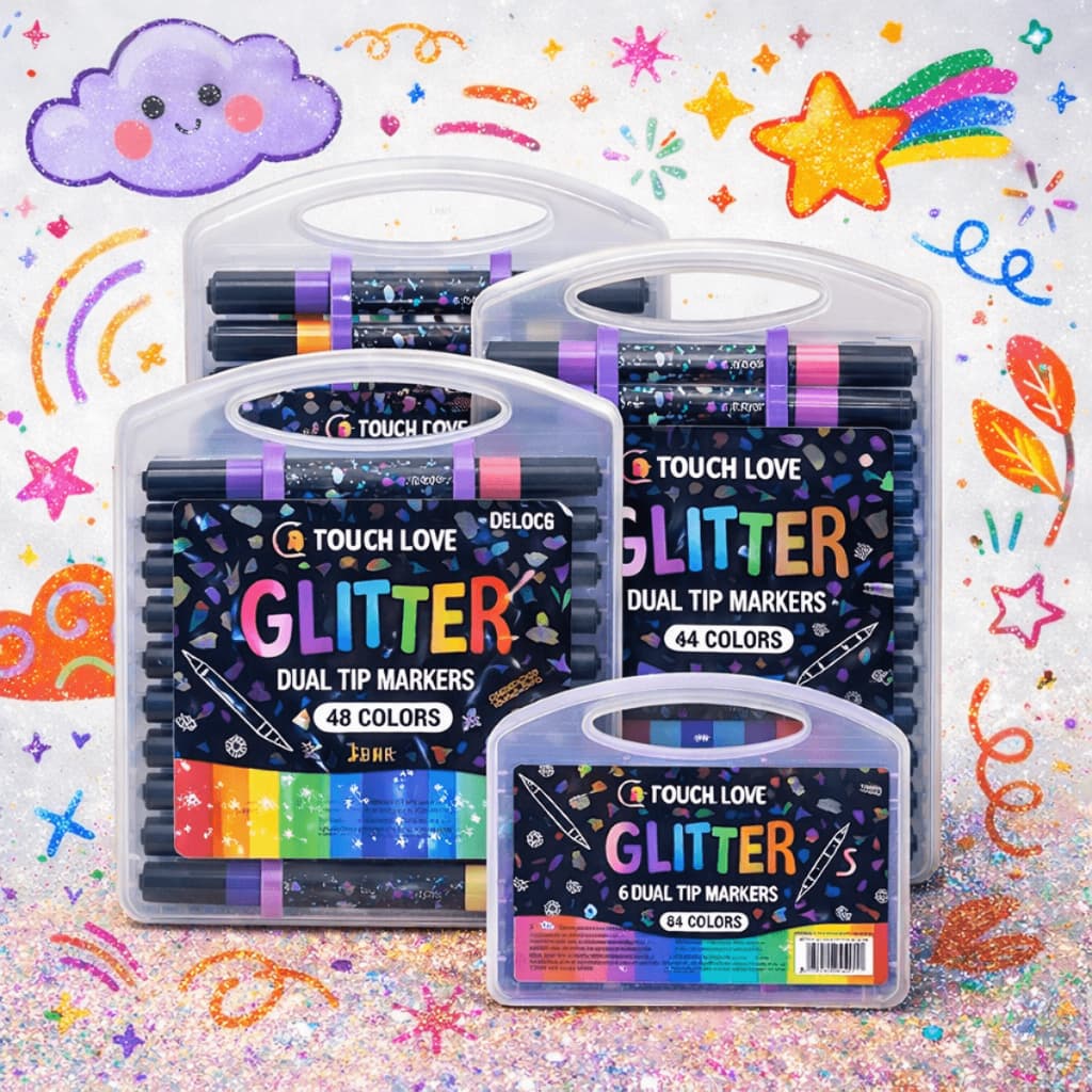 Caneta Marcadora Glitter Dupla Ponta 12/24/36/48/60 Caneta de Cabeça Dupla Brilhante Com Gliter Arte, Escola, Desenho