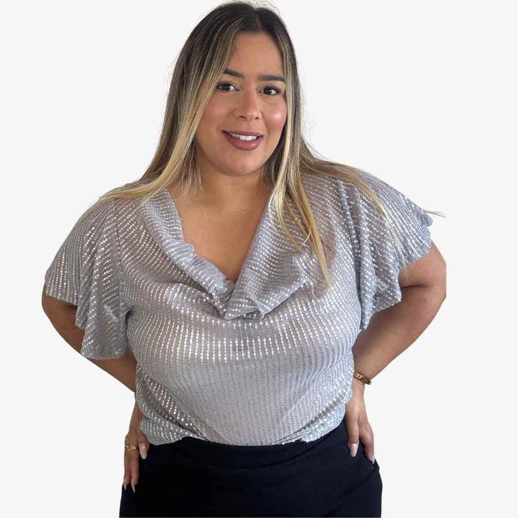 Blusa Plus Size Paetê Brilho Gola Caída Noite Festa GG G1 G2 G3 G4 Com Elastano Envio Imediato Promoção Elegante
