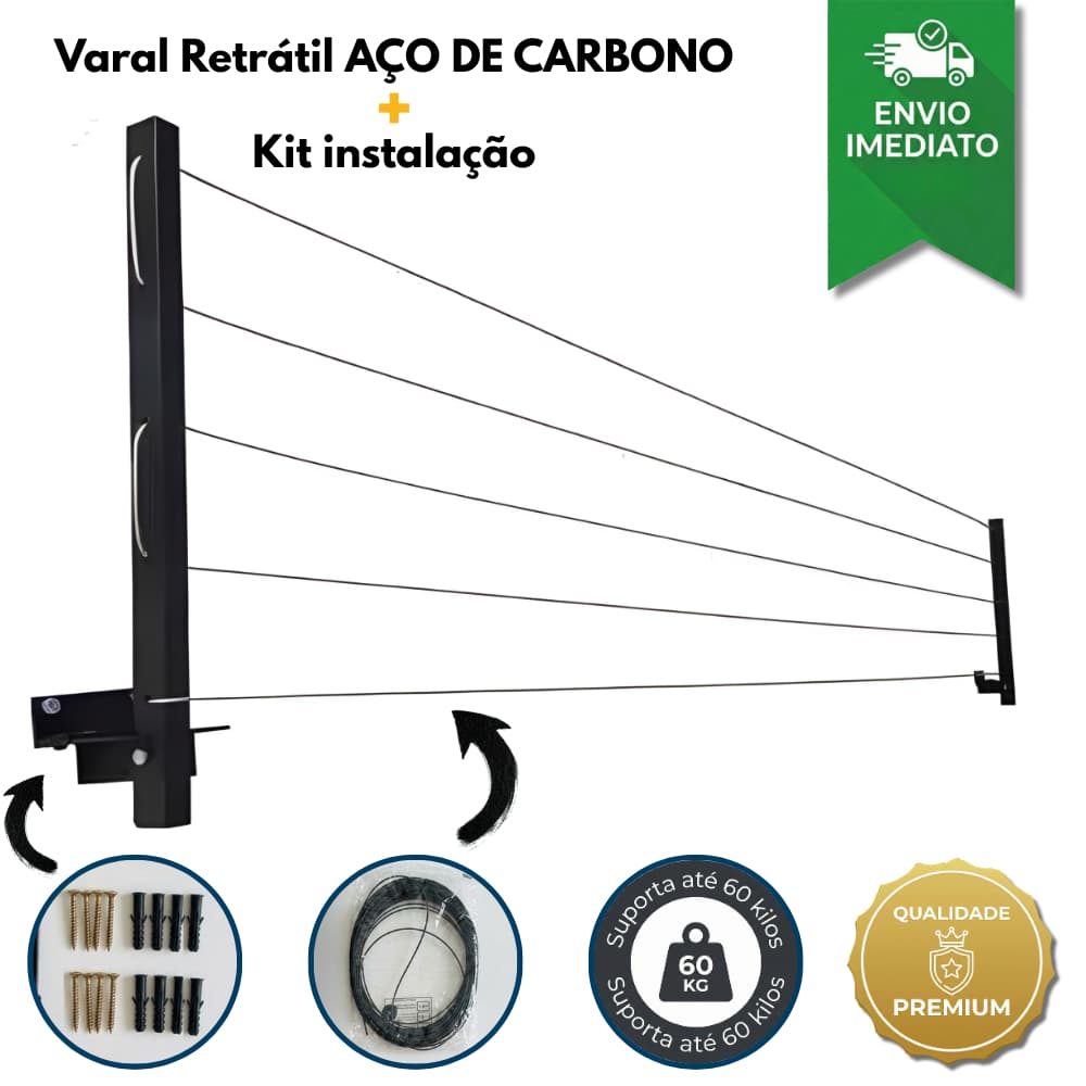 Varal Retrátil de Aço Reforçado para Parede de Apartamento Varanda Quintal Jardim (ENVIO IMEDIATO)