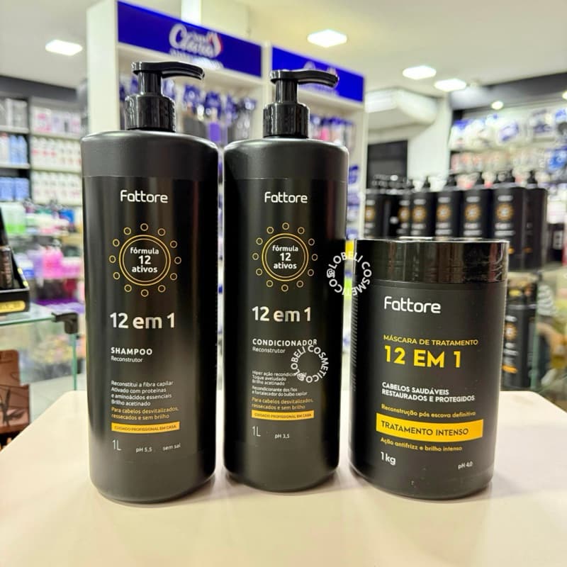 Fattore 12 em 1 Kit Shampoo Condicionador Máscara Reconstrução Capilar Nutrição Brilho Profissional