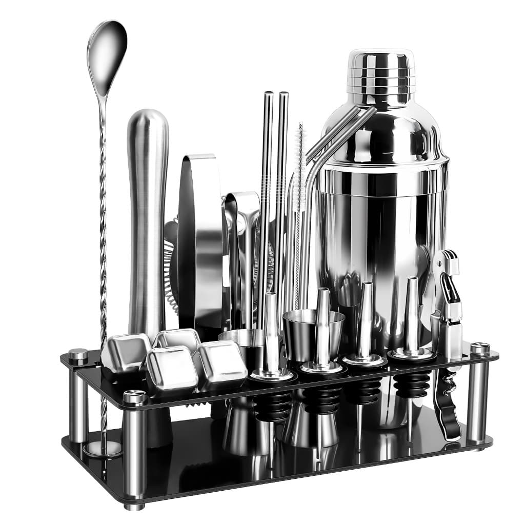 Cocktail Bar Utensilios Kit 23 Peças Inox Coqueteleira 750ml Profissional + Suporte Sacador Dosador