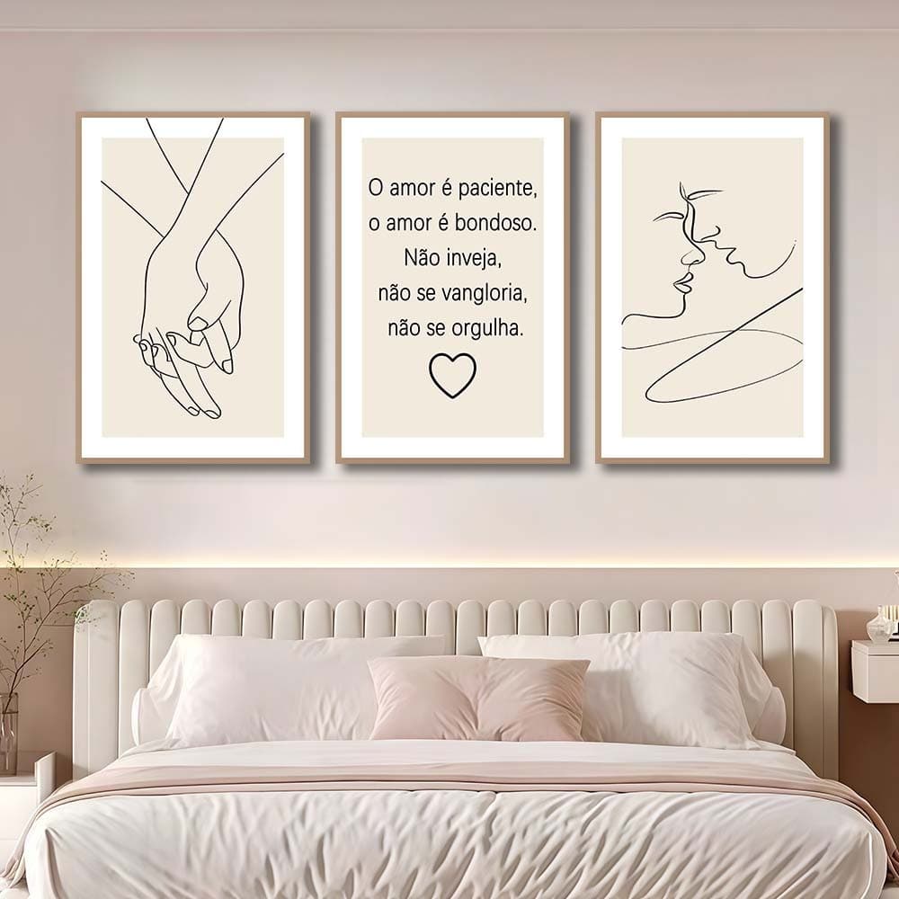 Kit 3 Quadros Decorativo Amor Desenho De Linhas Para Quarto Sala E Escritorio