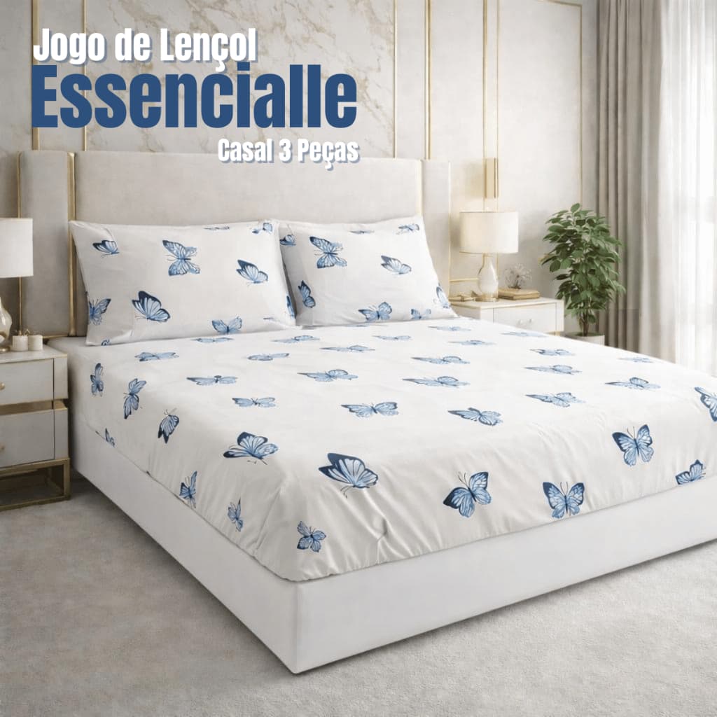 Jogo de Lençol Borboleta Rosa e Azul Essencialle Casal 3 PÇS Luxuoso Envio Imediato