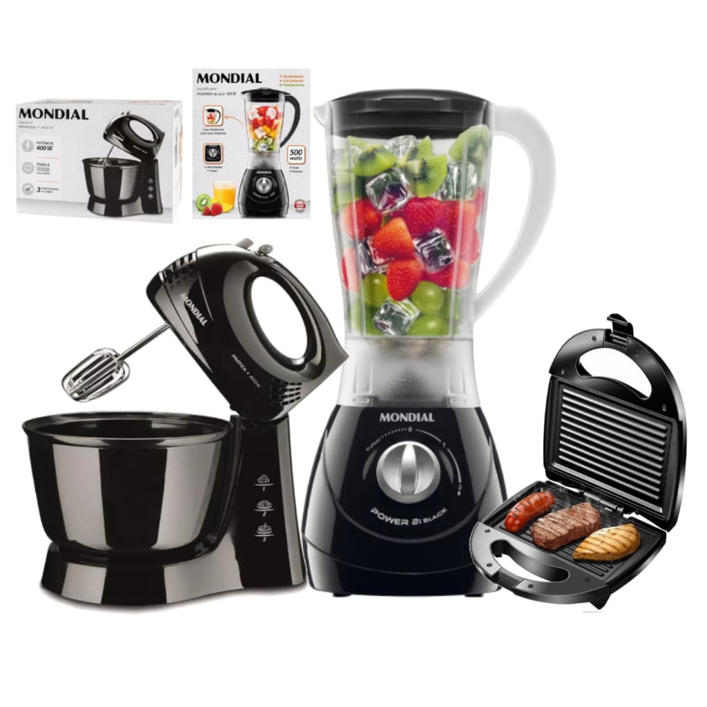 Kit Liquidificador Mundial Turbo + Batedeira + Sanduicheira Grill Preta 110V / 220V