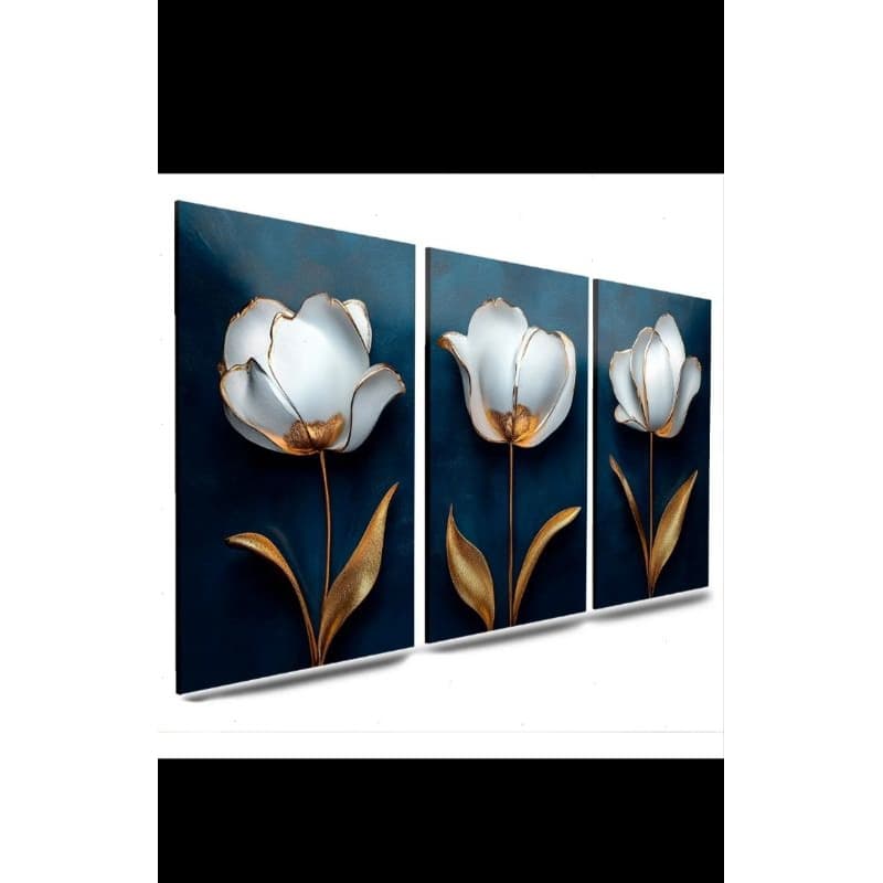 Trio de Quadros Tulipas Imperiais - Azul Marinho e Ouro Esculpido | H.E.P Decore