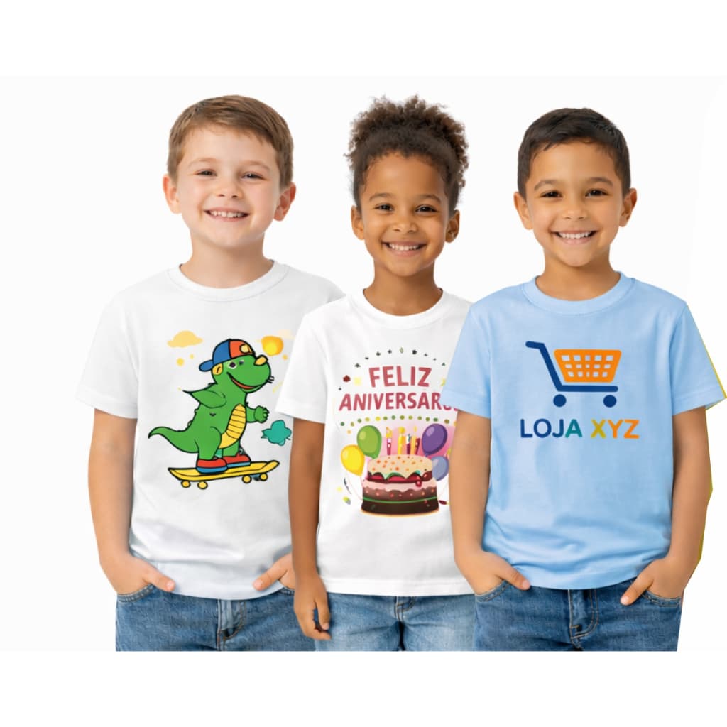KIT 3 Camisas Personalizadas Infantilnome, frase, desenho, tema infantil, personagem, logotipo