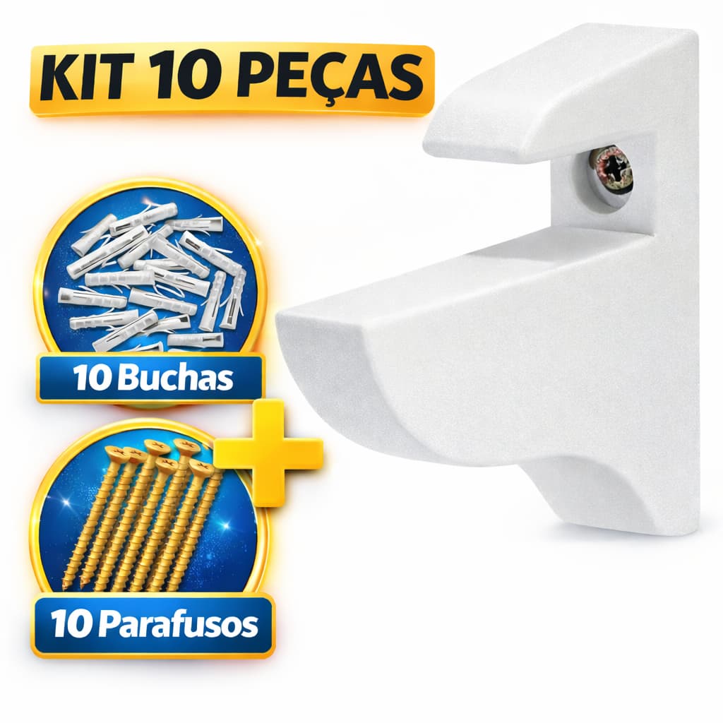 Kit 10 Suporte Bico de Tucano Branco e Preto para Prateleira com Buchas e Parafusos