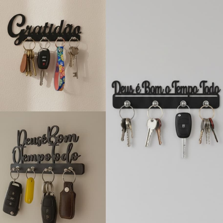 Porta Chaves de Parede Decorativo Multiuso em MDF 6mm Preto Deus é Bom o Tempo Todo Envio Imediato
