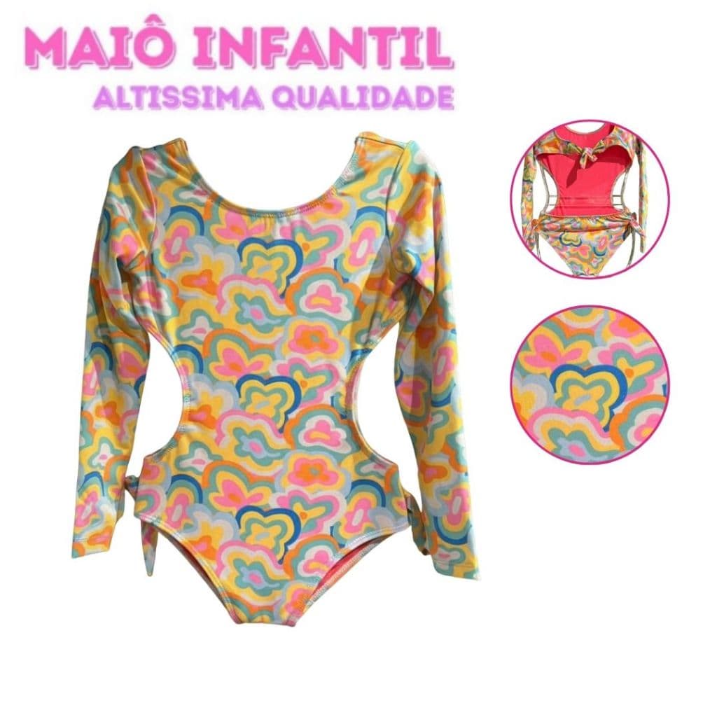 Maiô Menina Verão Manga Longa Infantil Bebe Biquini Proteção Uv 50 Moda Praia Piscina Manga Comprida
