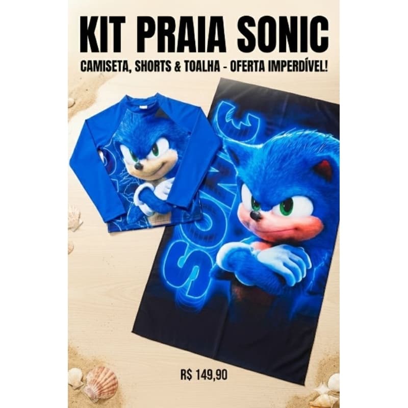 Conjunto Roupa de praia Sonic Camisa Proteção UV 50o Manga Comprida,sungar e Toalha