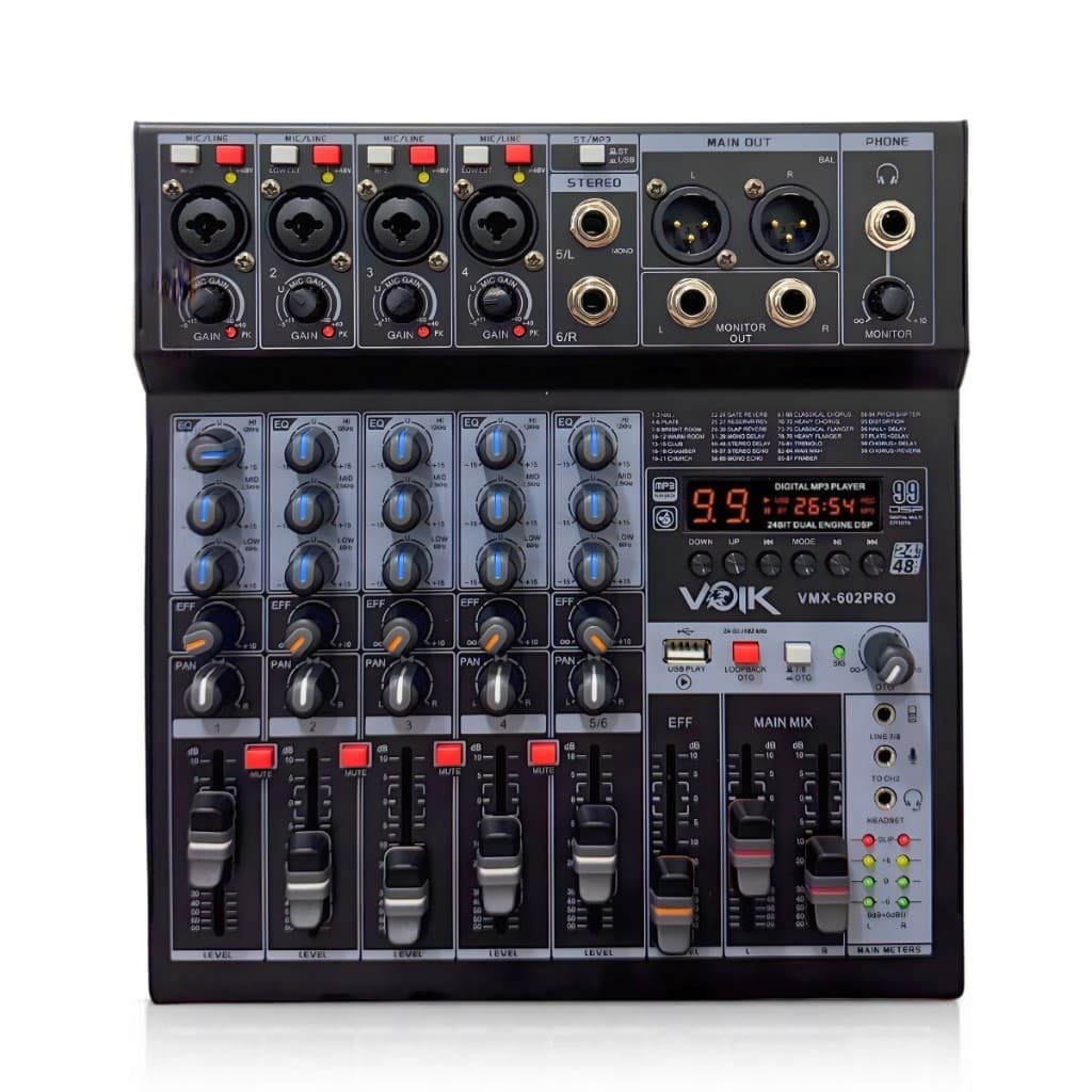 Mesa De Som 6 Canais Voik VMX-602 PRO Metal USB Bluetooth 99 Efeitos Interface de Áudio Phantom Power Botão Mute Bivolt