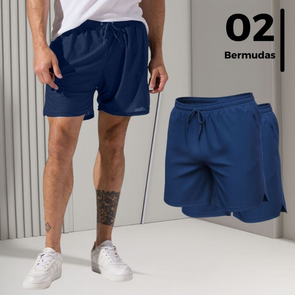 Kit 3 Bermudas Masculino 2 em 1 Compressão Bolso Interno Short Cordão Ajustável Tecido Respirável