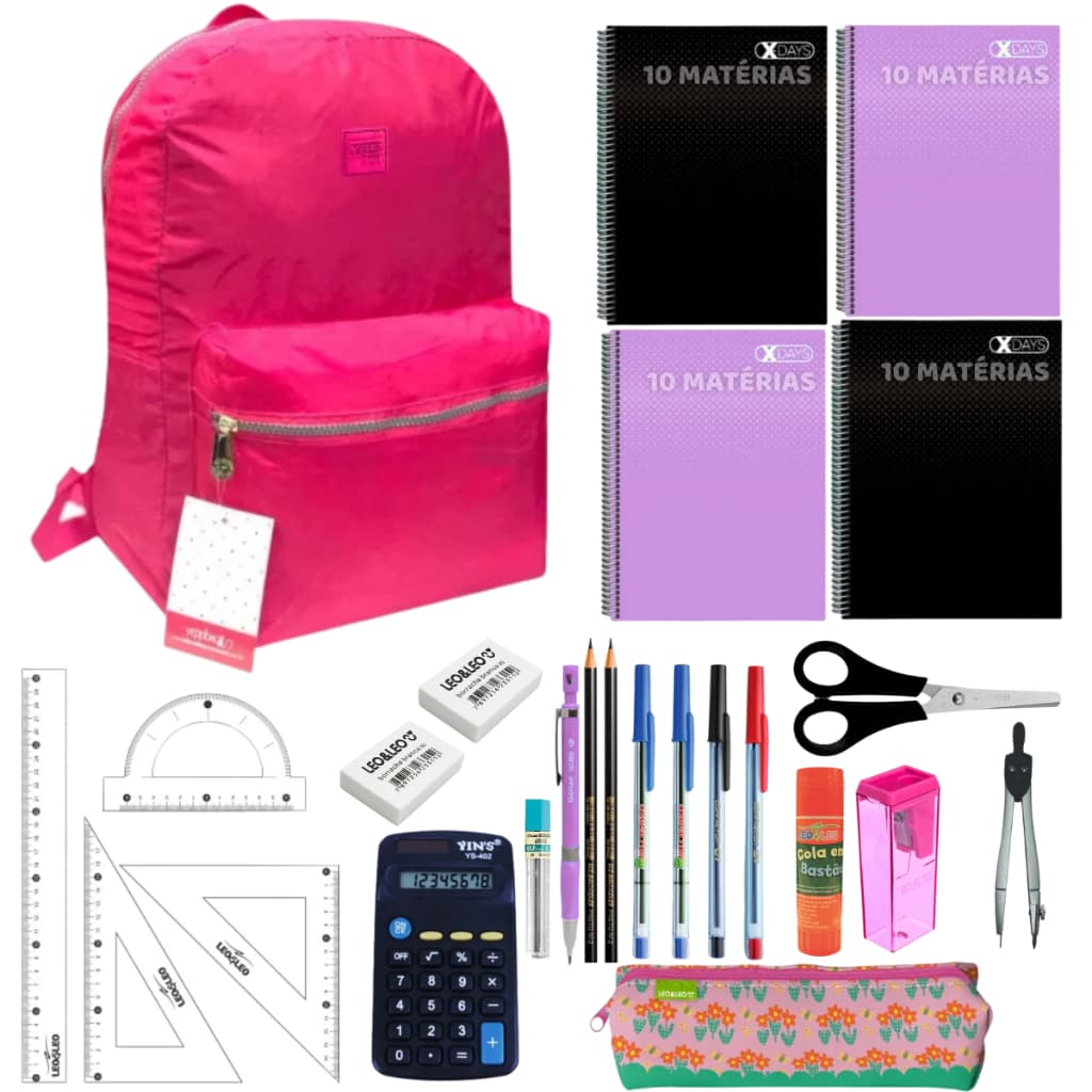 Kit Mochila Rosa + 04 Cadernos + Reguas + Acessórios Volta as Aulas Material Escolar