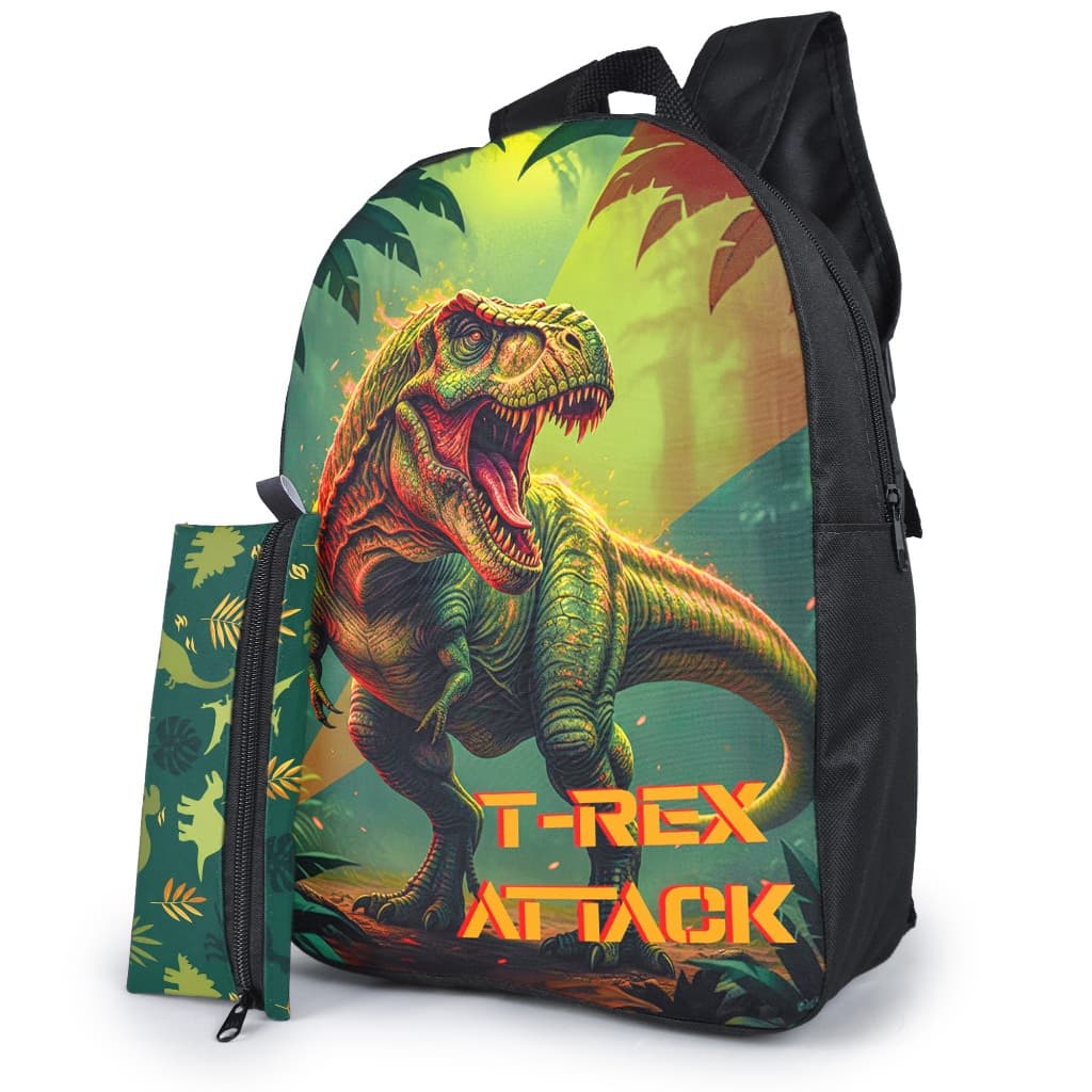 Kit Mochila Infantil Escolar Menino Dinossauro T Rex Attack com Alça Ajustável e Estojo Simples Resistente