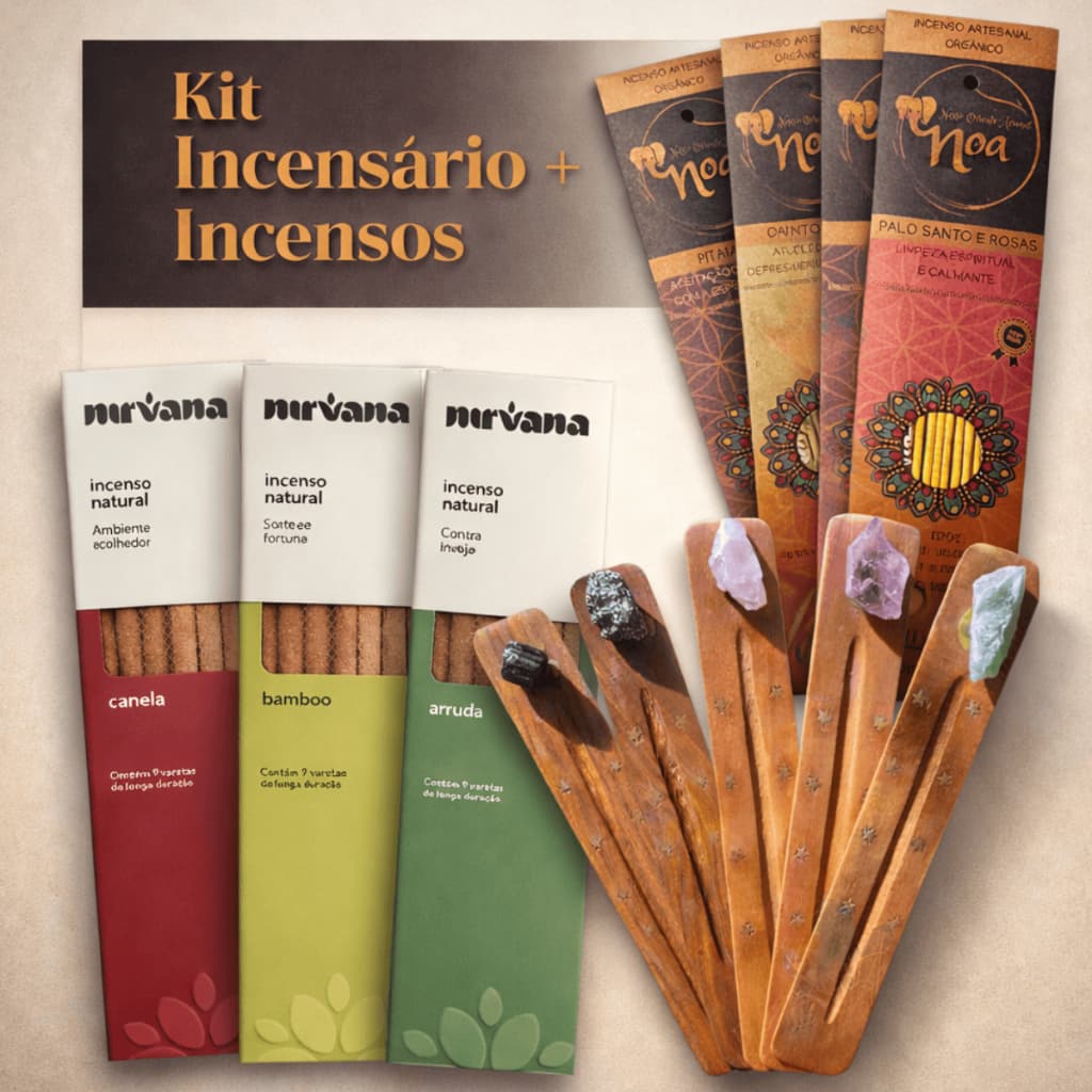 Kit Incensário De Madeira Com Cristal Natural Mais 2 Incensos Nirvana Ou Noa