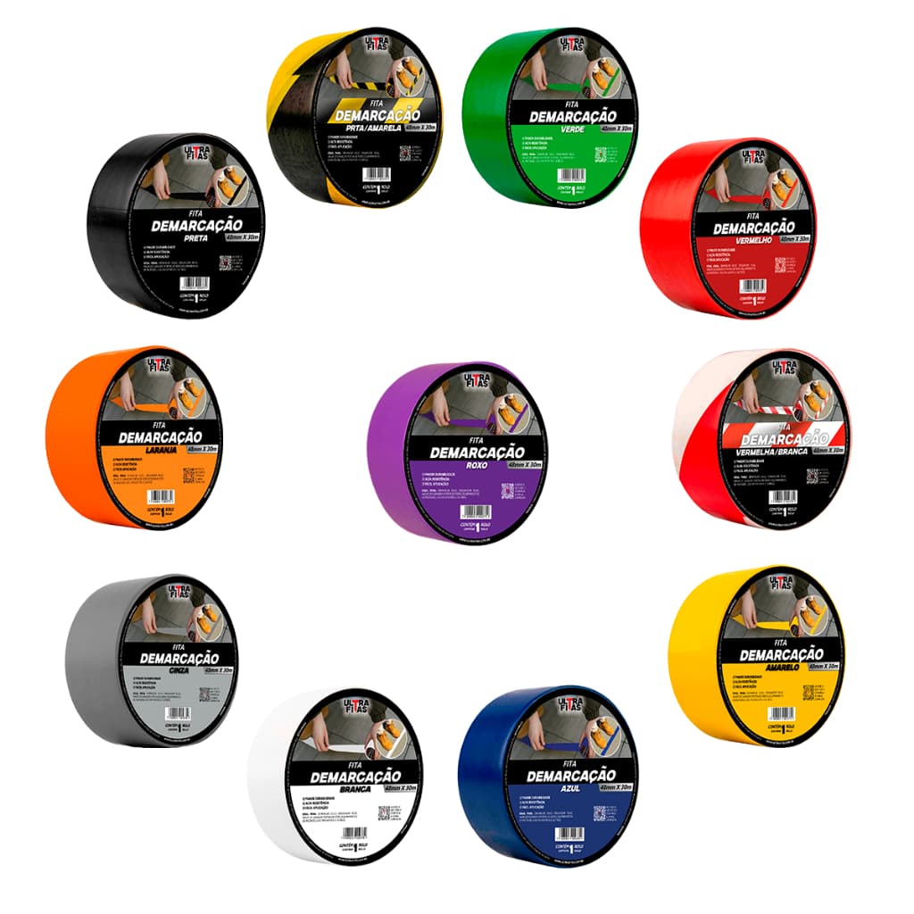 Kit 10 Fitas De Demarcação PVC 30 Metros Sinalização Cores Variedade