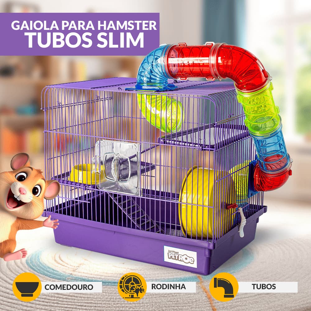 Gaiola para Hamster com Tubos Jel Plast Grande com andar comedouro completa slim
