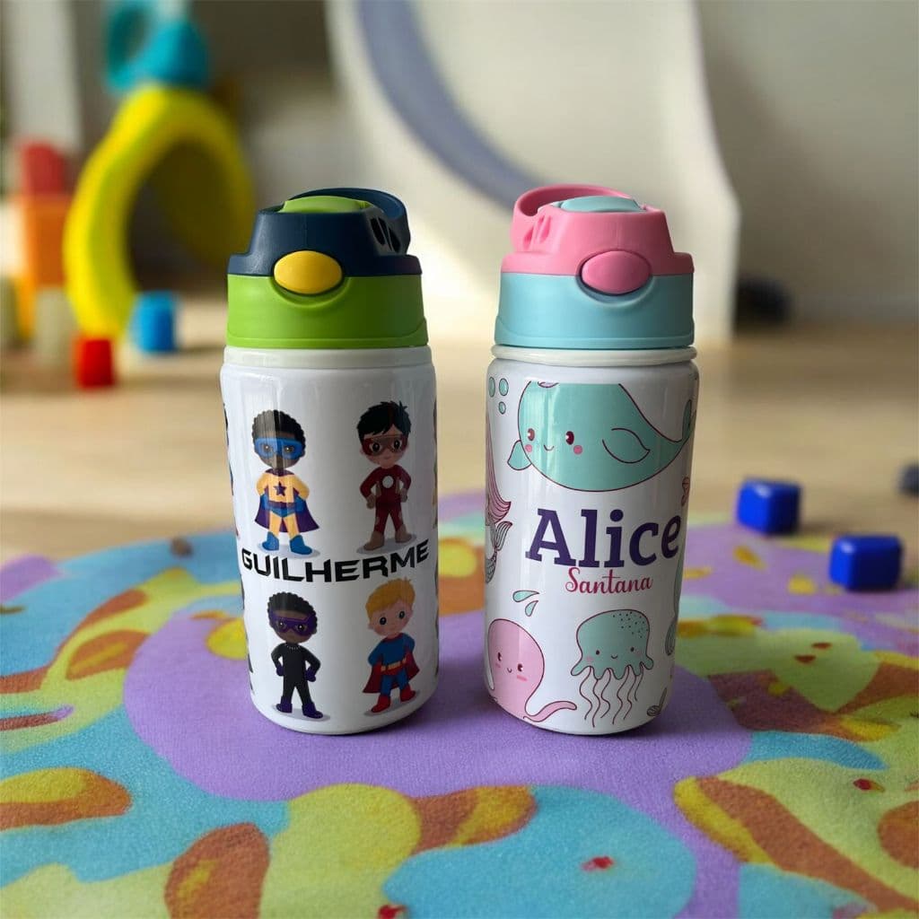 Garrafa Squeeze Infantil Semi termica - 500ml -  Bico retratril, personalizada com nome colorida para Escola e Passeios!