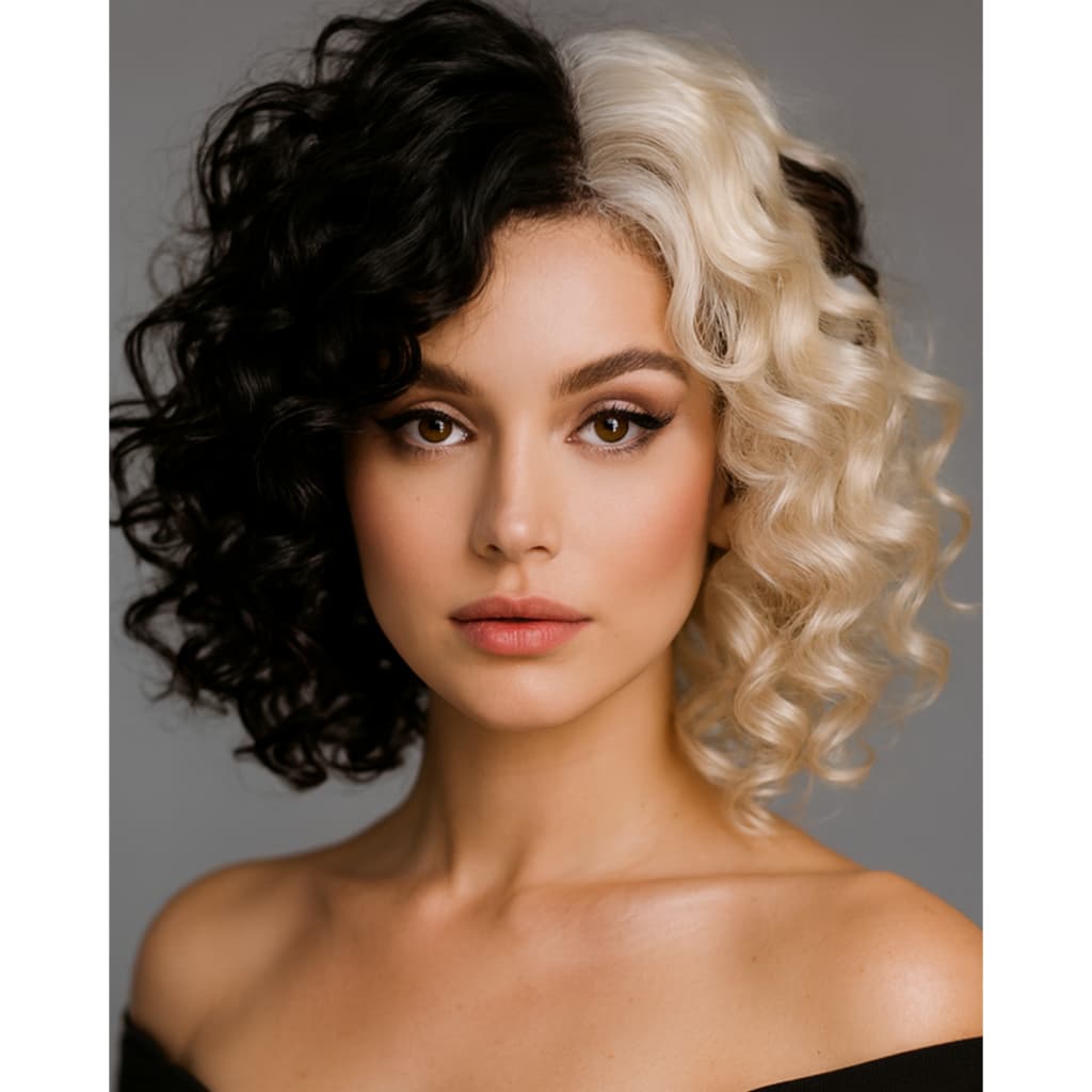 Peruca Temática Cruella de Vil Adulto Preto e Branco Carnaval Halloween Cosplay  Festas Fantasias