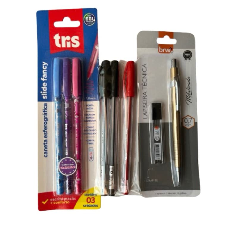 KIT CANETAS + LAPISEIRA PROFISSIONAL|O KIT CONTEM 3 CANETAS COLORIDAS + 2 CANETAS PRETAS + 1 VERMELHA + 1 CANETA AZUL