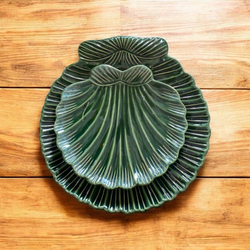 Kit Travessa Petisqueira Concha G + M Verde Musgo Cerâmica Para Mesa Posta Petiscos e Decoração