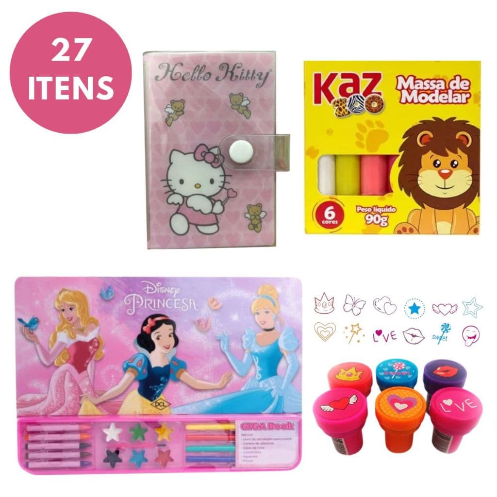 Kit Material Escolar Infantil com 27 itens Feminino Pintura Pré Escola Criança Criatividade