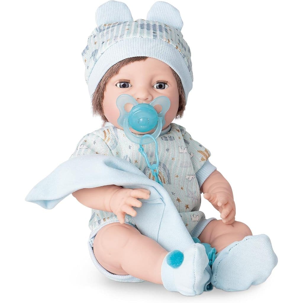 Boneca Reborn New Born Premium Divertoys 36cm Olhos que Fecham com Mamadeira Mágica Chupeta com Luz e Kit Nascimento
