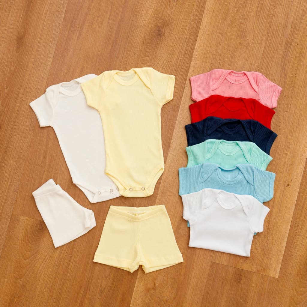 Kit 6 Peças Pagão Canelado Verão Bebê 3 Body e 3 Shorts 100% Algodão Antialérgico Cores Sortidas