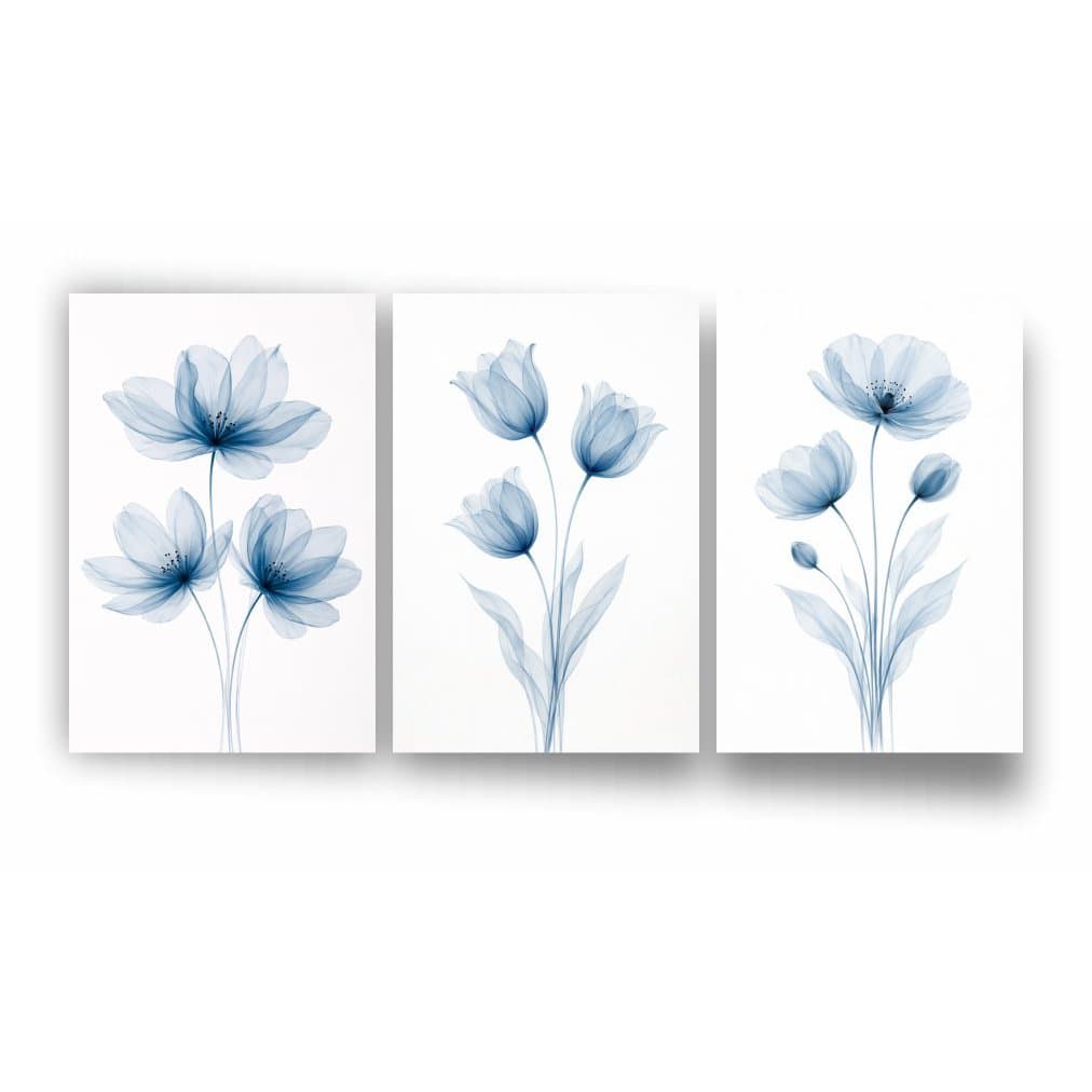 Quadros Decorativos 3 Peças Floral Azul Minimalista