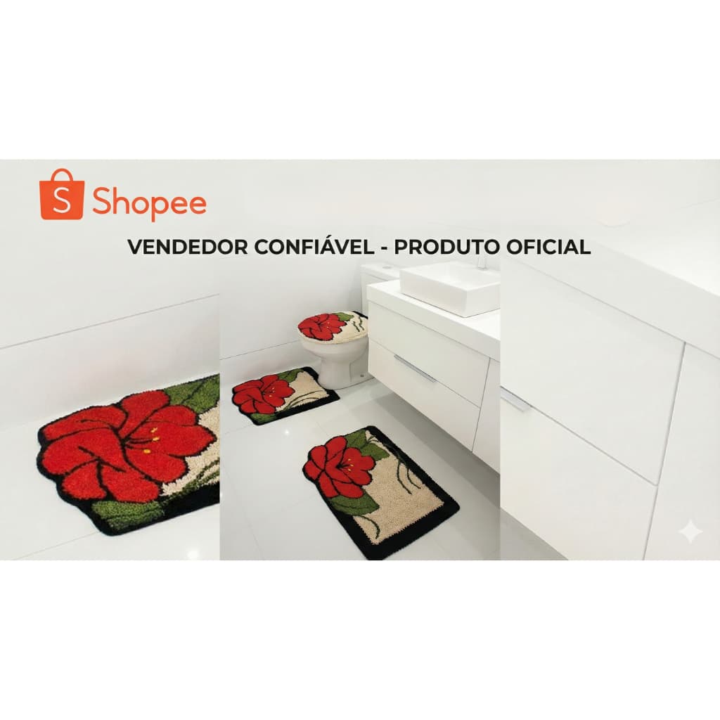 Jogo De Tapete Banheiro 3 Peças Frufru Flor Vermelha com fundo antiderrapante