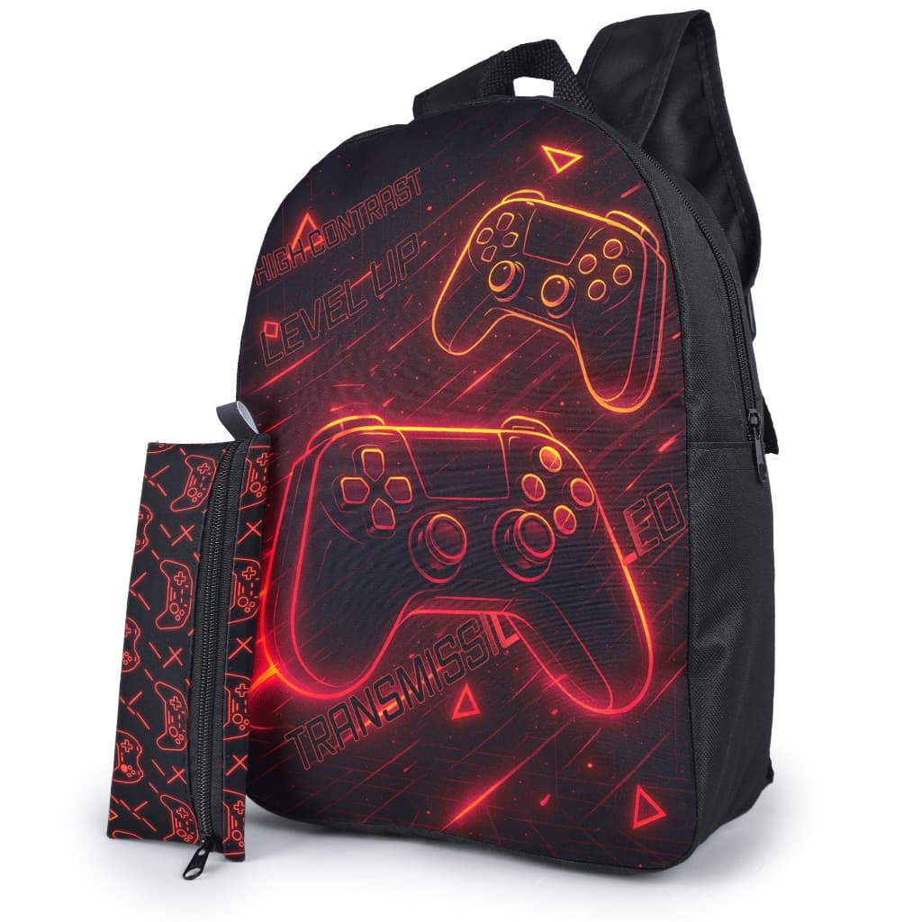 Kit Mochila Infantil Menino Escolar Estampa Controle Gamer com Alça Ajustável e Estojo 1 Ziper Simples Resistente