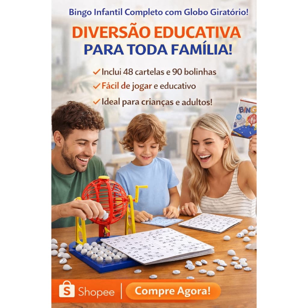 Bingo Infantil Completo com Globo Giratório – 48 Cartelas e 90 Bolinhas | Jogo Educativo