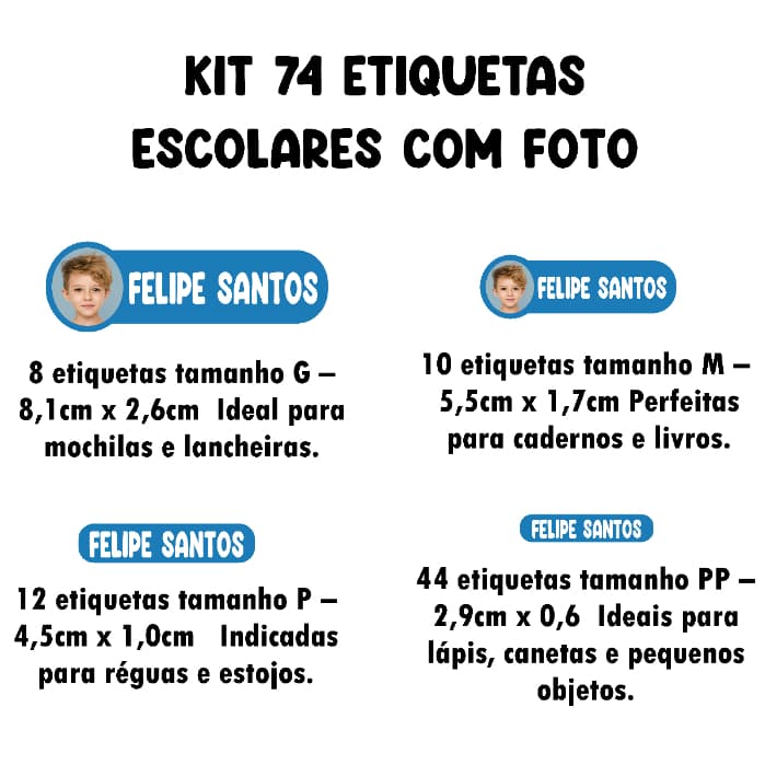 Kit 74 Etiquetas Escolares com Foto da Criança - Personalizada - Material Escolar - Etiqueta