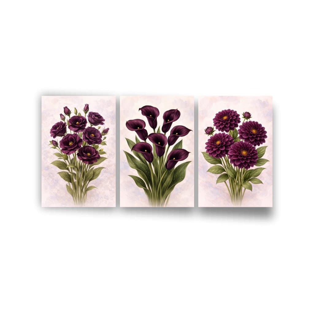 Quadros Decorativos 3 Peças Floral Roxo Tulipas Minimalista