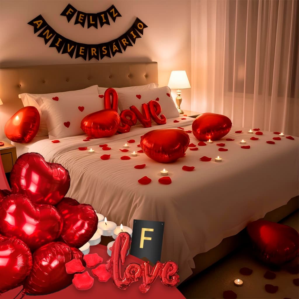 Kit Decoração Romântica 100 Pétalas + 10 Velas + 10 Balão Coração + Love + Faixa Feliz aniversário