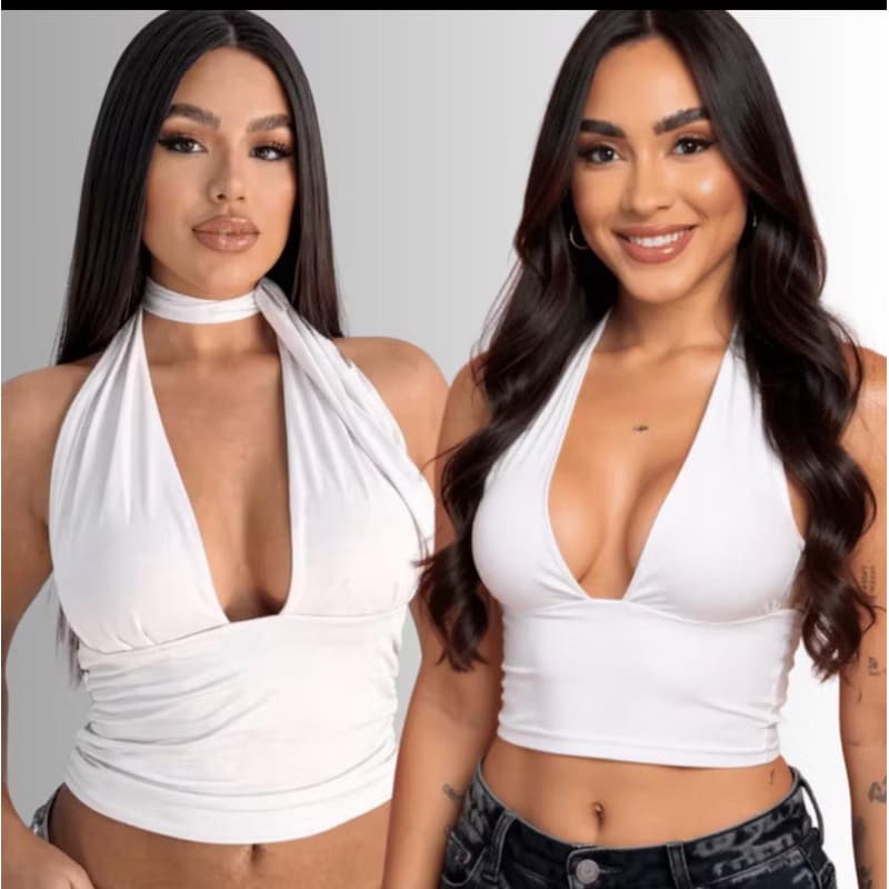 blusa top cropped com amarração multiformes decote forrado festa moda gringa suplex