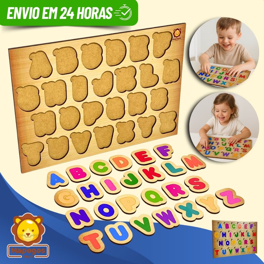 Tabuleiro Alfabeto Infantil Montessori Quebra Cabeça MDF Alfabetização Educativo Didático