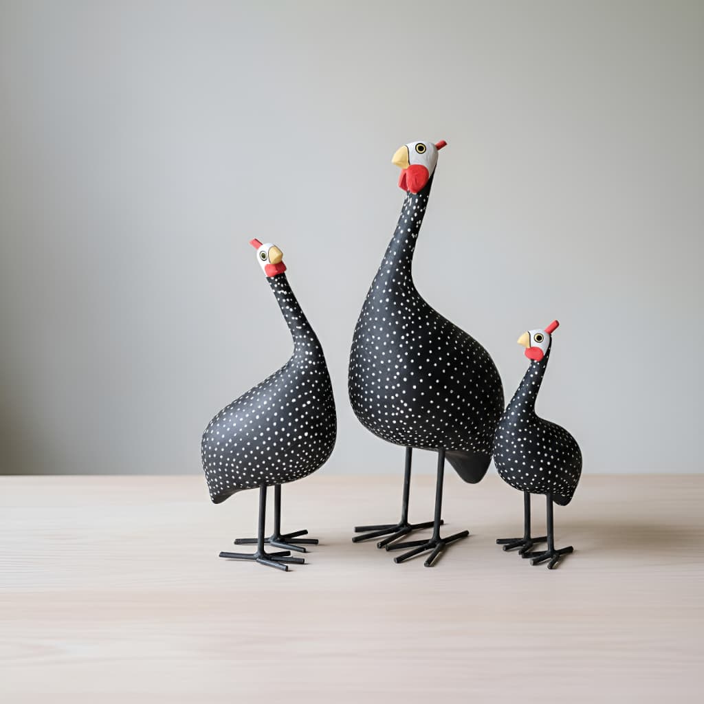 Trio Angolas Tradicional Madeira Artesanal Decorativo Pintadas à Mão Galinhas-d’Angola Pretas