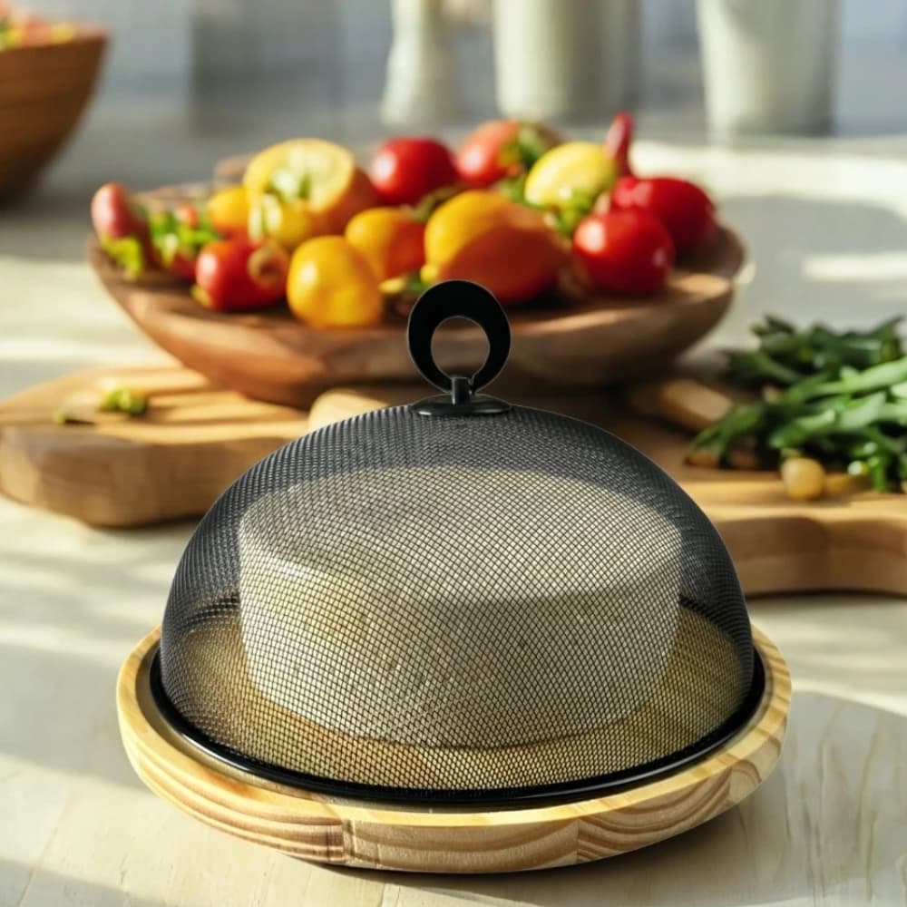 Queijeira de Madeira com Tampa de Tela 28cm Porta Queijo Maturador Queijo Minas Redoma Mesa Posta