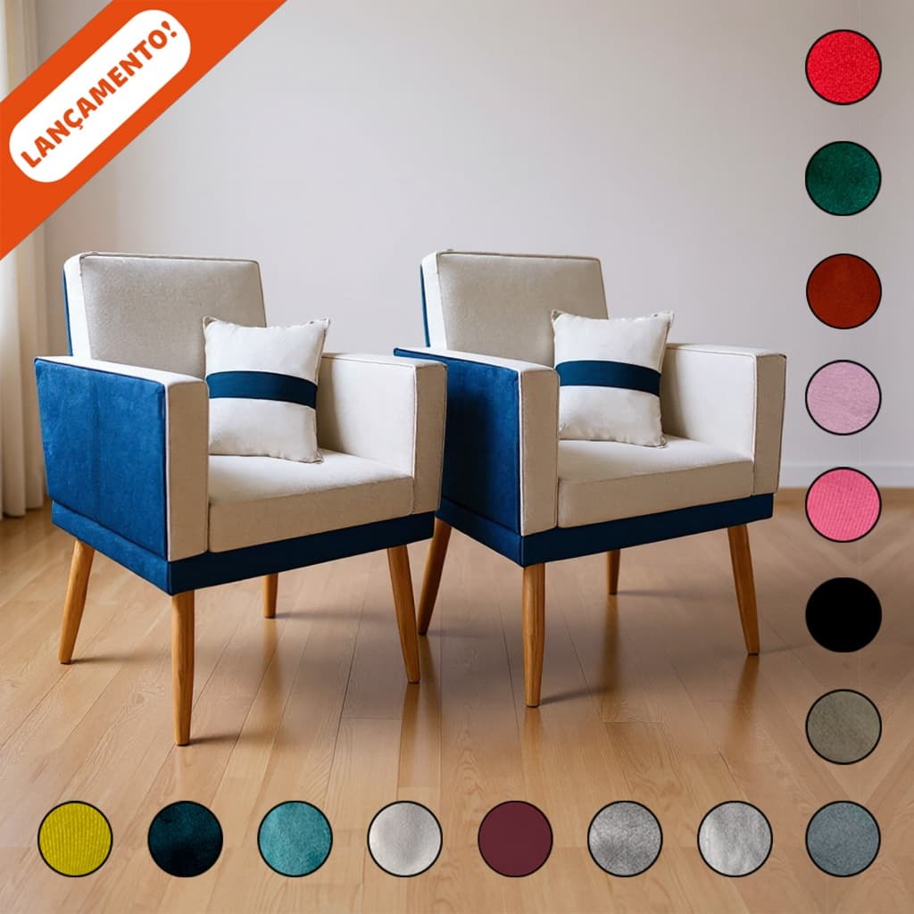 Kit 2 Poltronas Decorativa Para Sala Com Almofada Lis Corino Azul e Veludo Aninha Decor