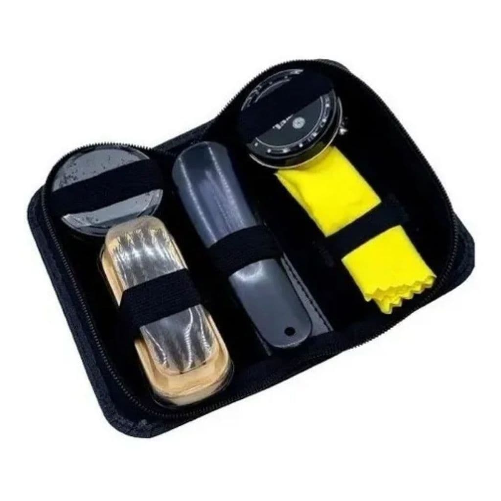Kit Engraxar Completo Com Estojo Contendo 2 Pomadas, 1 Estojo Em Tecido, 1 Flanela E Uma Escova