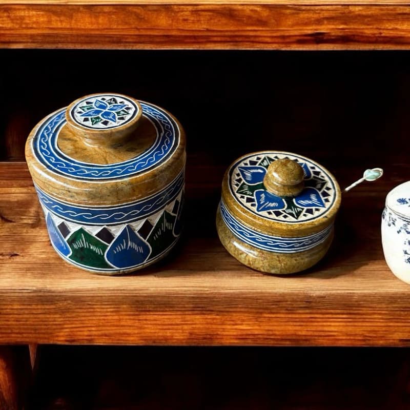 Kit Cozinha de Luxo 1 Mantegueira Francesa de Pedra Sabão + 1 Açucareiro/Saleiro c/ colherzinha Porta condimentos