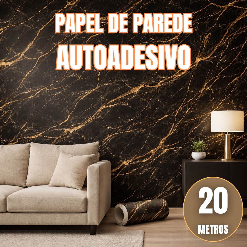 Papel Adesivo Parede 5 ou10 ou 15 20m Marmore Preto c/ Dourado Impermeável Lavável Sala Quarto Resis