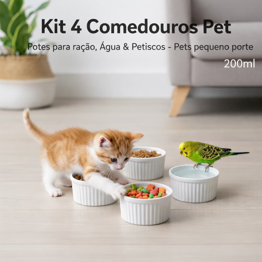 Kit 4 comedouros para Pets 200 ml Plástico Aves Gatos Cachorros pequeno porte agua bebedouro ração