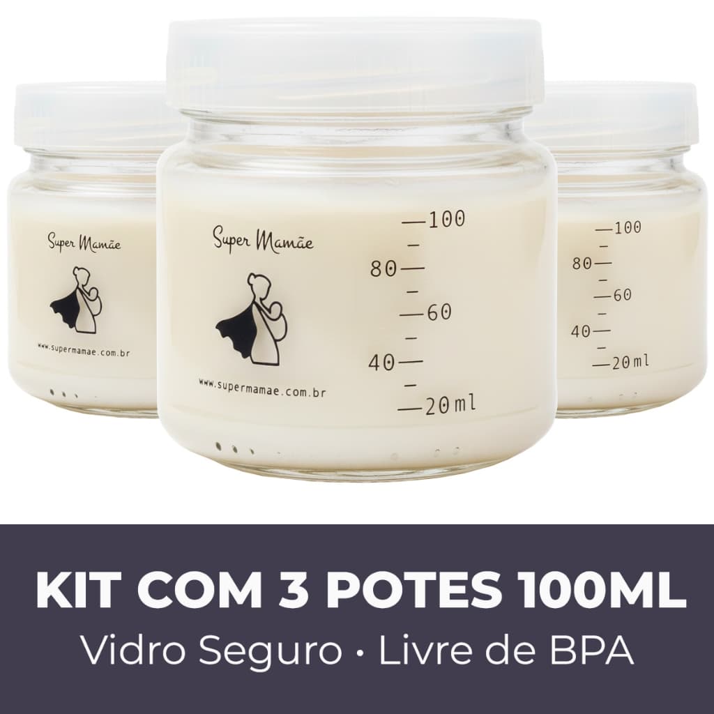 Kit com 3 Potes de Vidro 100ml para Leite Materno – Congela, Esteriliza e Livre de BPA
