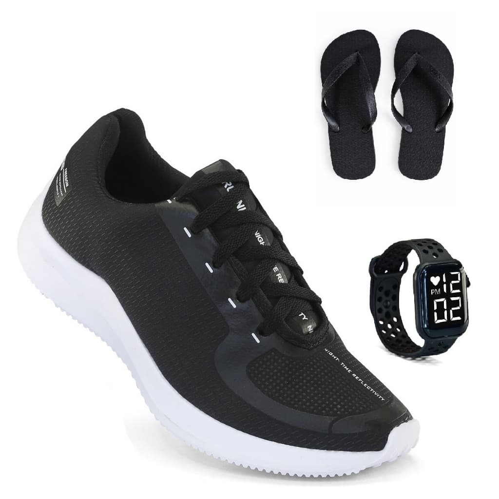 Tenis Masculino + Relogio + Chinelo Esportivo Versatil Academia Corrida Caminhada Ultra leve e Macio