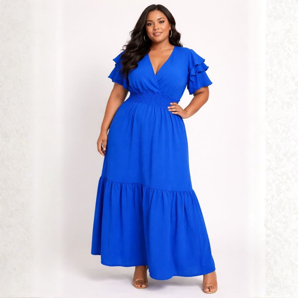 Vestido Feminino Plus Size Longo Solto Babado Nas Mangas Com Decote V- Elástico na Cintura
