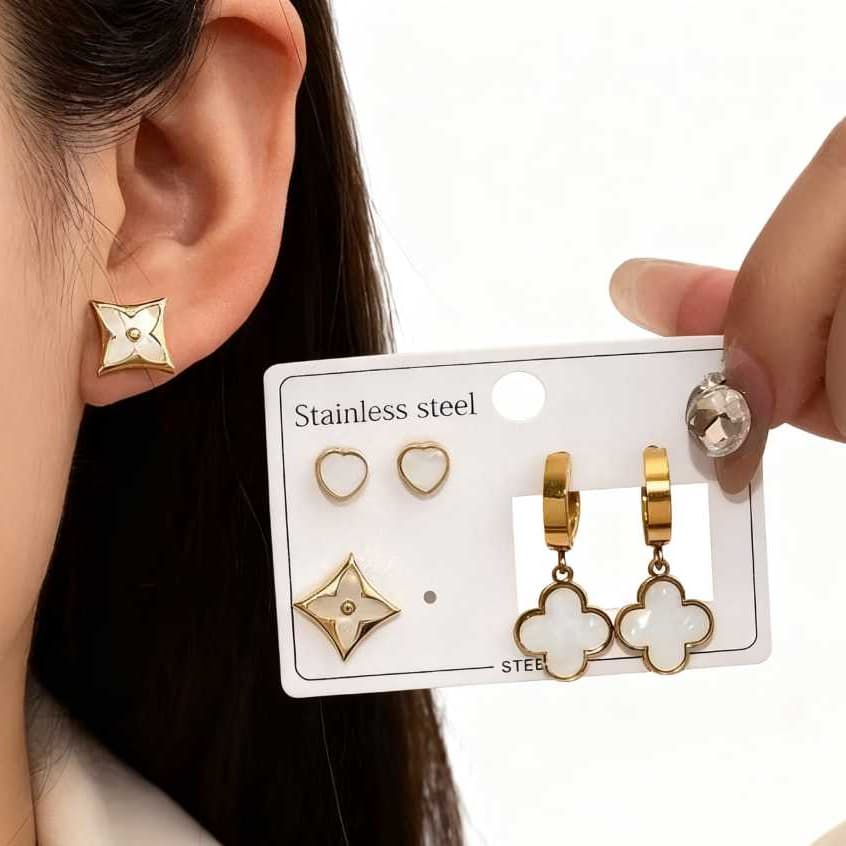 Kit 3 Pares de Brincos em Aço Inoxidável – Moda Simples, Bonitos e Antialérgicos