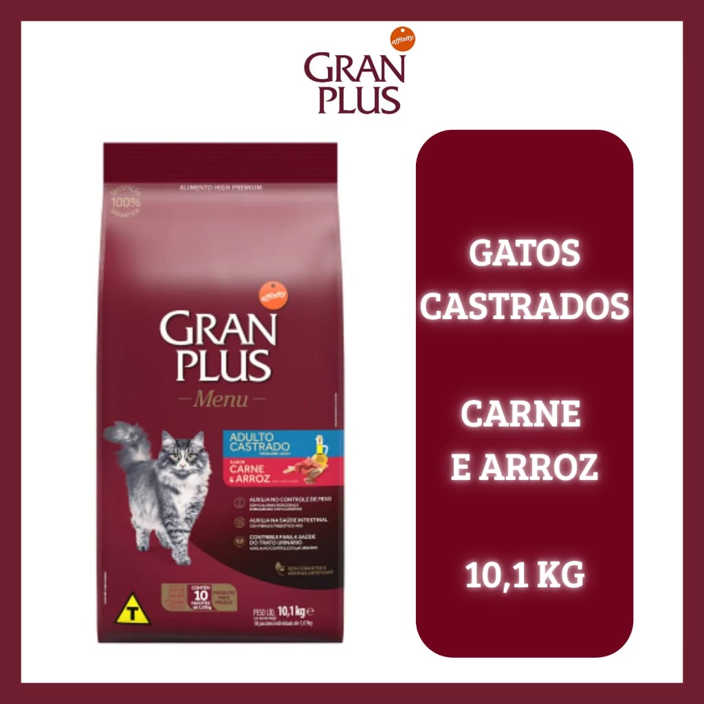 Ração para gatos castrados adulto Carne e arroz GranPlus Menu - 10,1kg